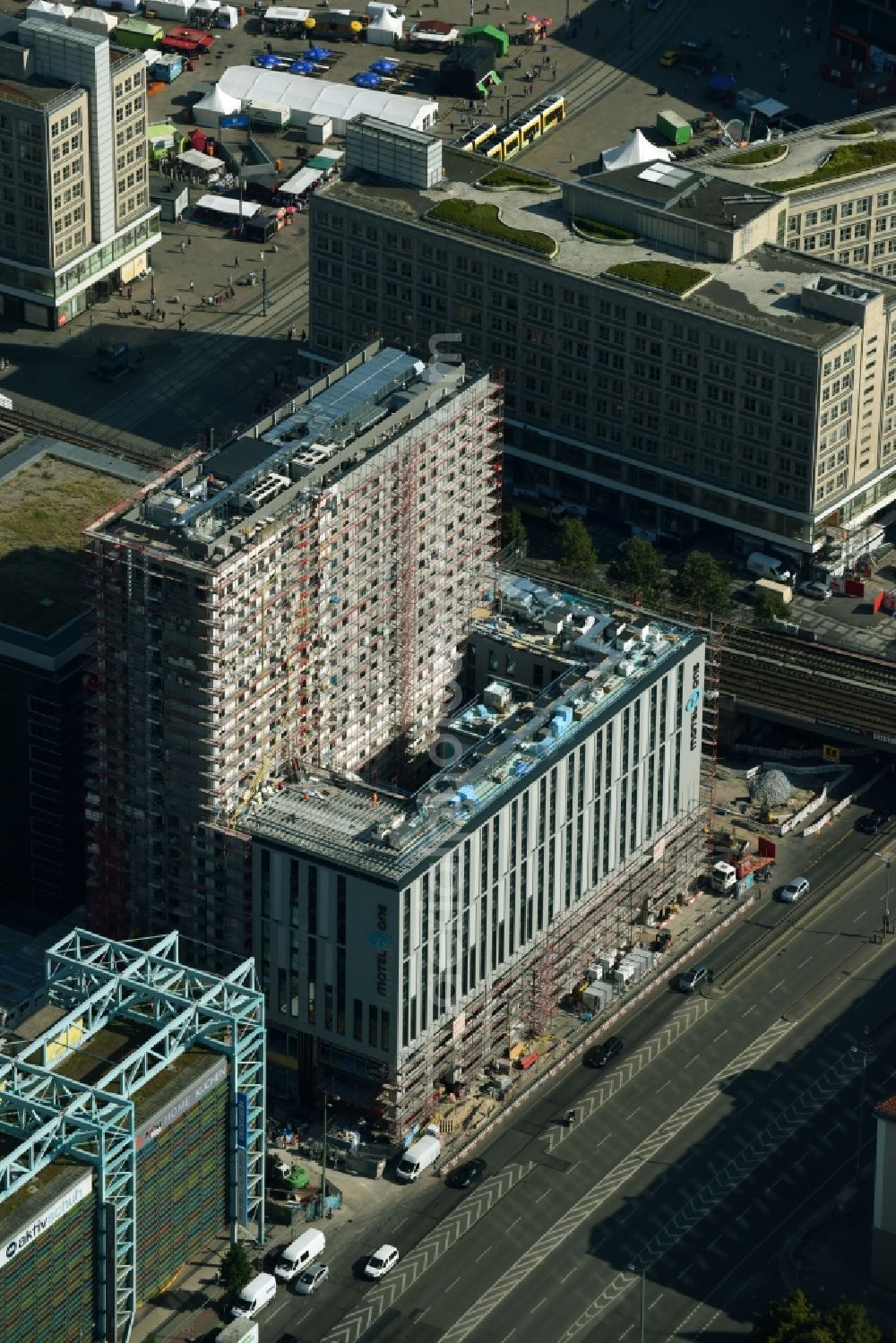 Berlin from above - New construction high-rise construction site the hotel complex Motel-One-Hotel on Grunerstrasse - Rathausstrasse in the district Mitte in Berlin, Germany