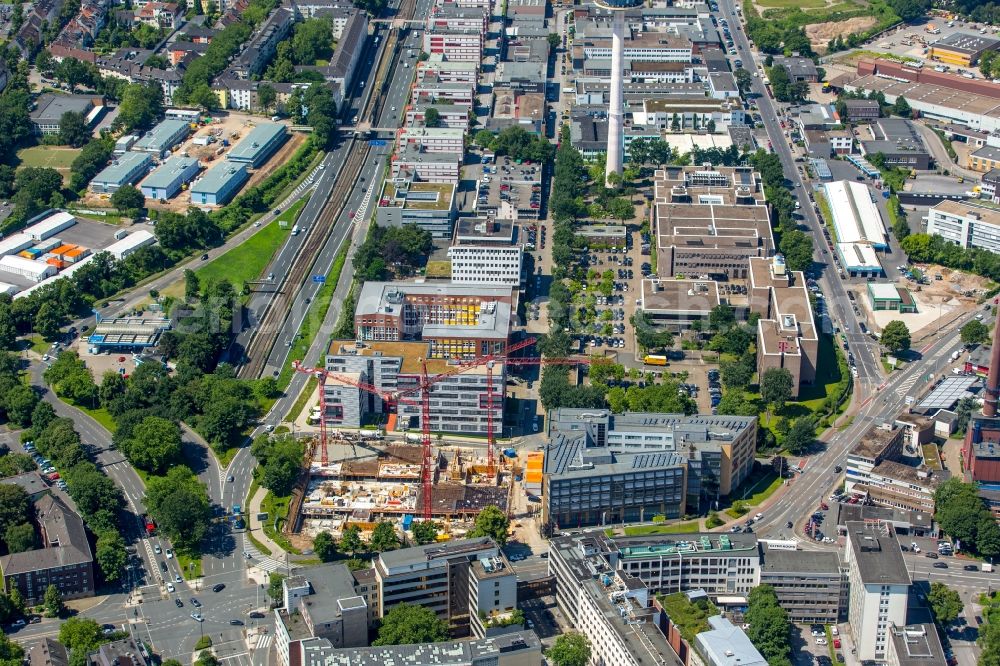 Essen from above - New construction high-rise construction site the hotel complex NOVUM STYLE in Essen in the state North Rhine-Westphalia