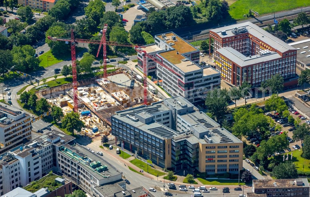 Aerial photograph Essen - New construction high-rise construction site the hotel complex NOVUM STYLE in Essen in the state North Rhine-Westphalia