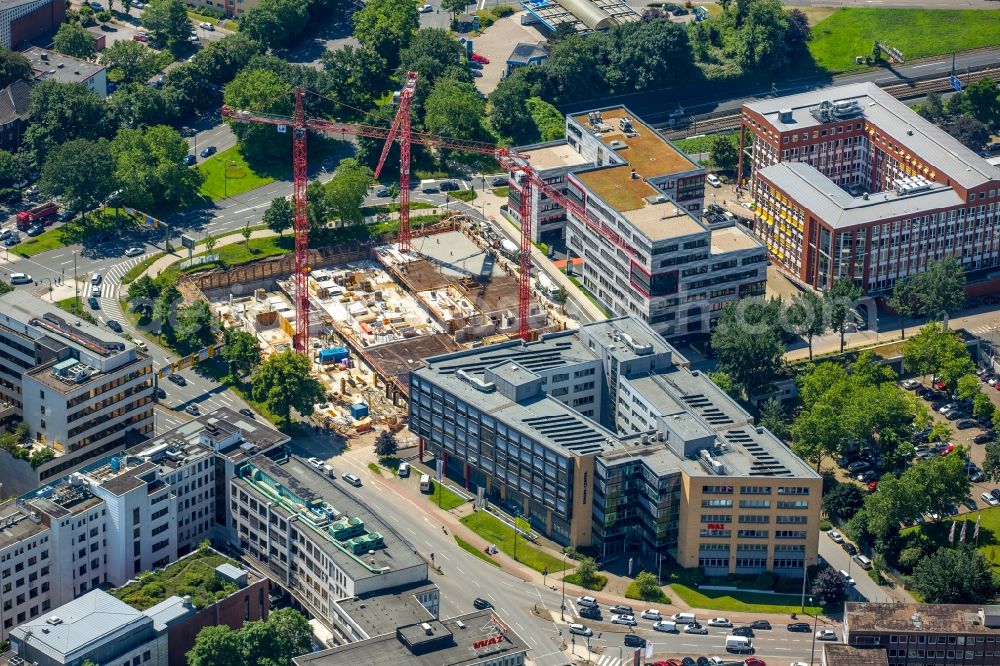 Essen from above - New construction high-rise construction site the hotel complex NOVUM STYLE in Essen in the state North Rhine-Westphalia