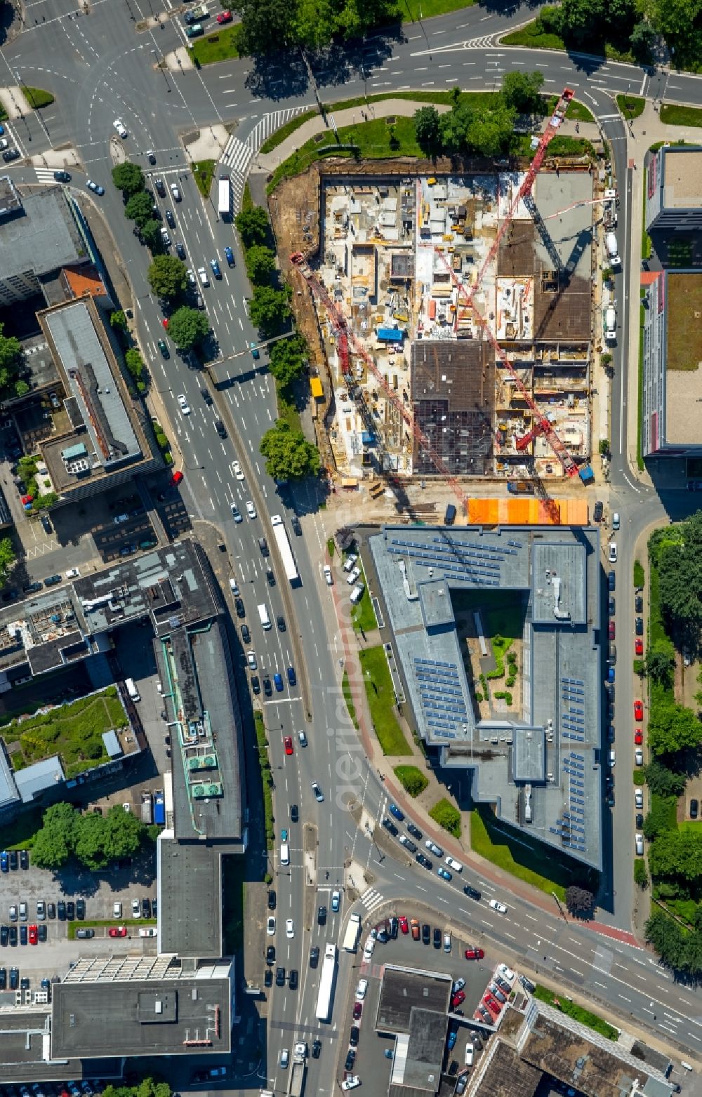 Aerial image Essen - New construction high-rise construction site the hotel complex NOVUM STYLE in Essen in the state North Rhine-Westphalia