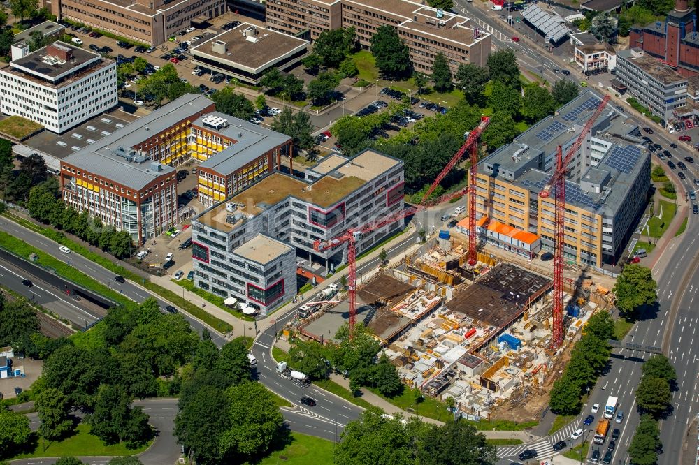 Aerial photograph Essen - New construction high-rise construction site the hotel complex NOVUM STYLE in Essen in the state North Rhine-Westphalia