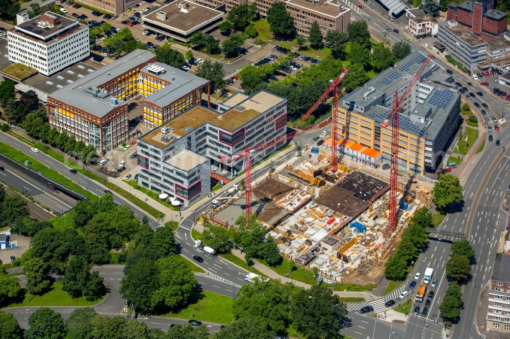 Essen from above - New construction high-rise construction site the hotel complex NOVUM STYLE in Essen in the state North Rhine-Westphalia