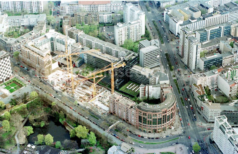 Aerial image Berlin - New construction high-rise construction site the hotel complex Pullman Berlin Schweizerhof on street Budapester Strasse in the district Tiergarten in Berlin, Germany