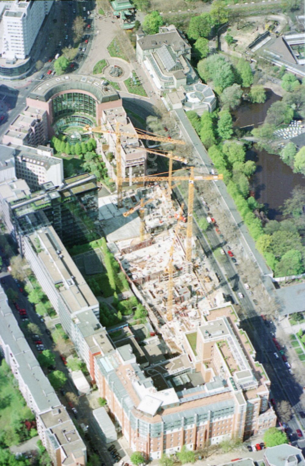 Berlin from above - New construction high-rise construction site the hotel complex Pullman Berlin Schweizerhof on street Budapester Strasse in the district Tiergarten in Berlin, Germany