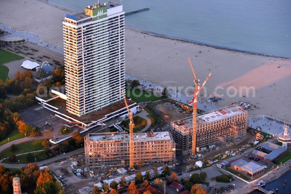 Lübeck from above - New construction high-rise construction site the hotel complex a-ja Resort Travemuende in the district Travemuende in Luebeck in the state Schleswig-Holstein, Germany