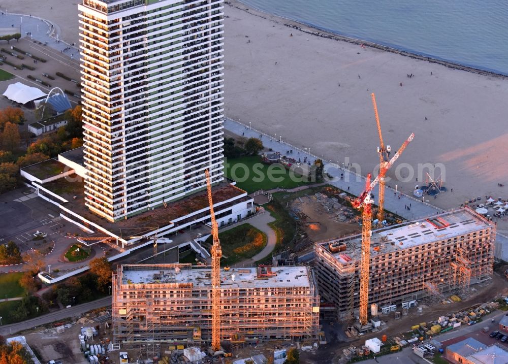 Lübeck from the bird's eye view: New construction high-rise construction site the hotel complex a-ja Resort Travemuende in the district Travemuende in Luebeck in the state Schleswig-Holstein, Germany