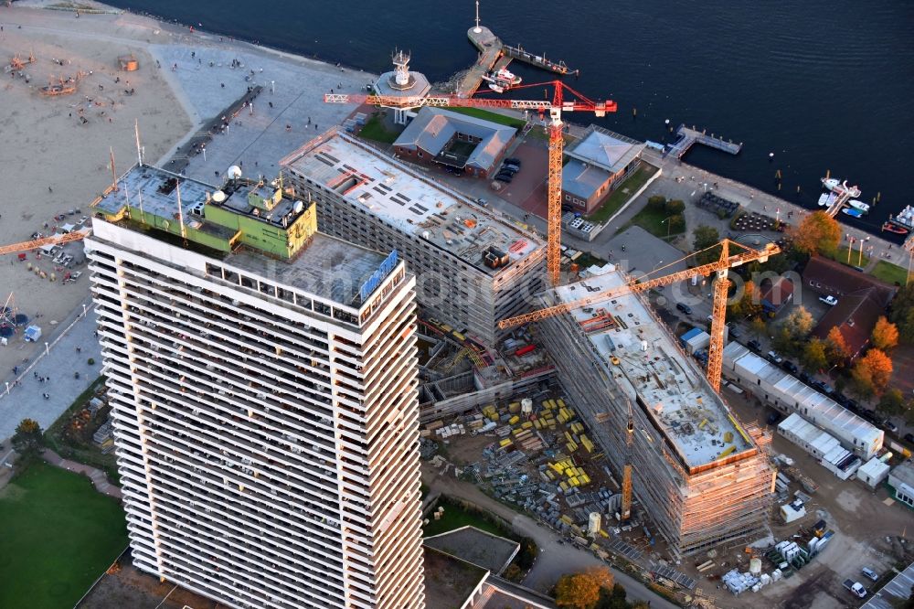 Lübeck from above - New construction high-rise construction site the hotel complex a-ja Resort Travemuende in the district Travemuende in Luebeck in the state Schleswig-Holstein, Germany