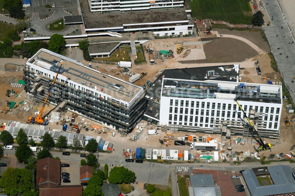 Aerial photograph Travemünde - New construction high-rise construction site the hotel complex a-ja Resort Travemuende in Travemuende in the state Schleswig-Holstein, Germany