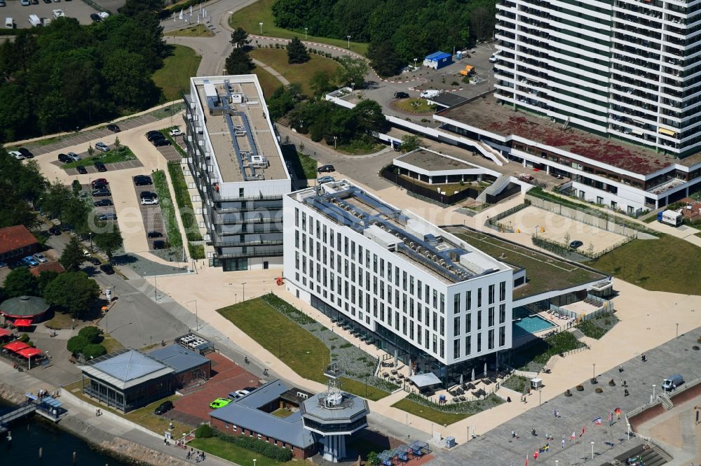 Aerial image Lübeck - New construction high-rise construction site the hotel complex a-ja Resort Travemuende in Travemuende in the state Schleswig-Holstein, Germany