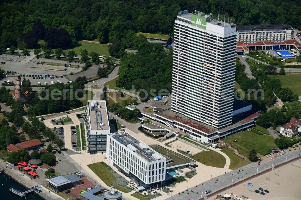 Aerial photograph Lübeck - New construction high-rise construction site the hotel complex a-ja Resort Travemuende in Travemuende in the state Schleswig-Holstein, Germany