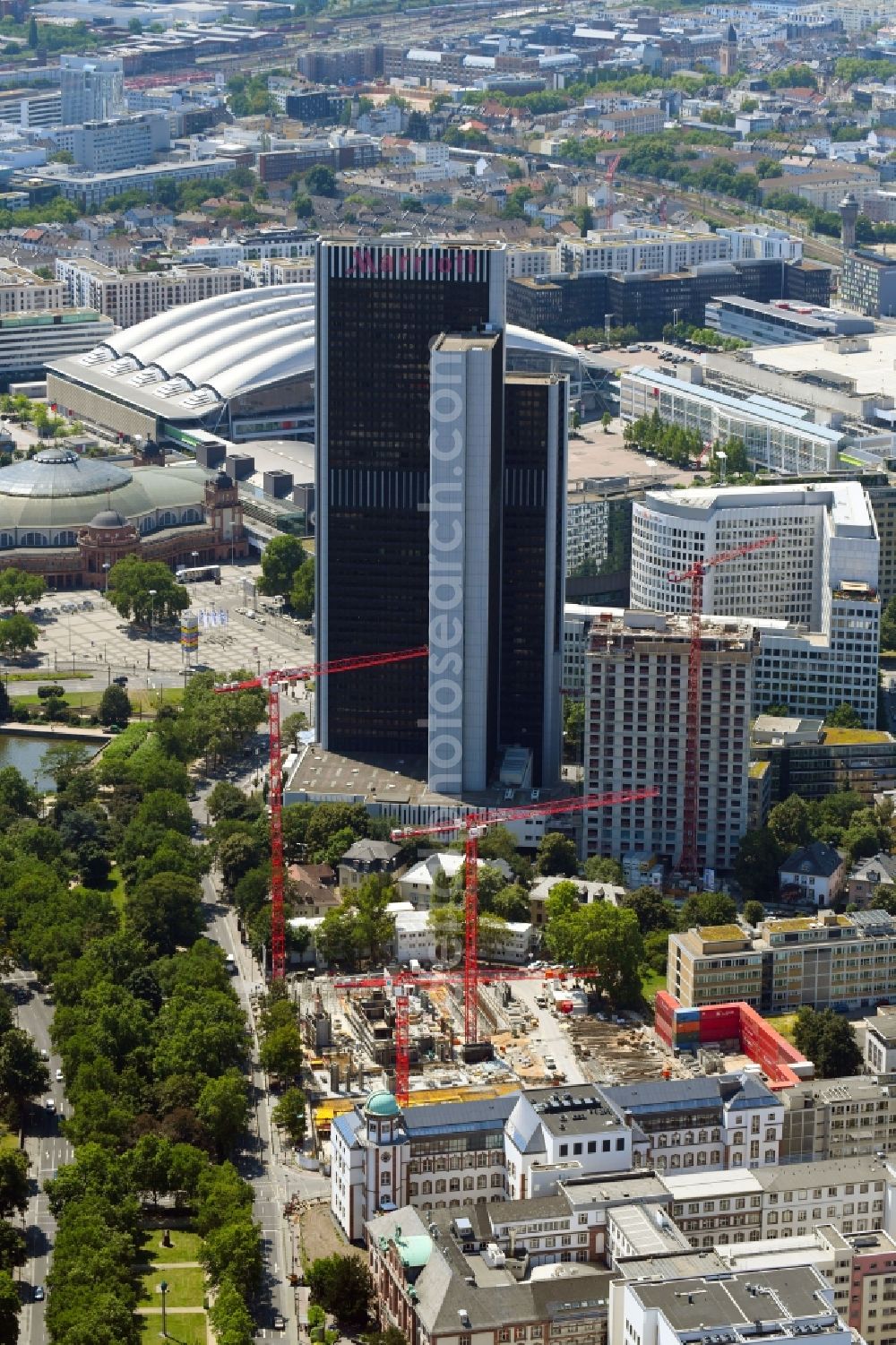 Frankfurt am Main from above - New construction high-rise construction site the hotel complex on Senckenbergallee in Frankfurt in the state Hesse, Germany