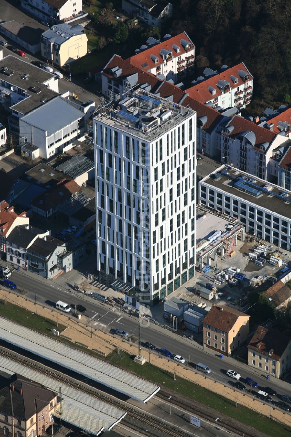 Aerial image Lörrach - New high-rise construction site of the hotel complex Stadt Loerrach in Loerrach in the state Baden-Wuerttemberg