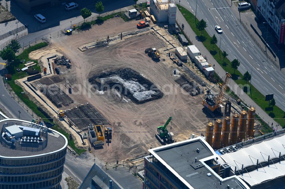 Rostock from above - New construction high-rise construction site the hotel complex in Stadthafen on street Am Strande in the district Stadtmitte in Rostock at the baltic sea coast in the state Mecklenburg - Western Pomerania, Germany