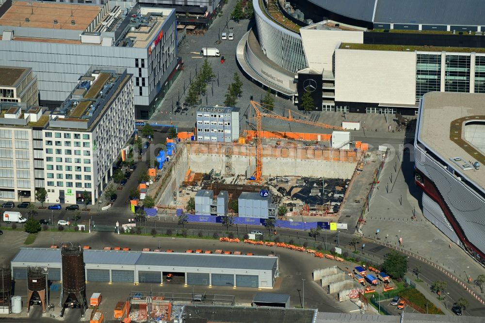 Berlin from above - New construction high-rise construction site the hotel complex Stream Tower in the district Friedrichshain in Berlin, Germany