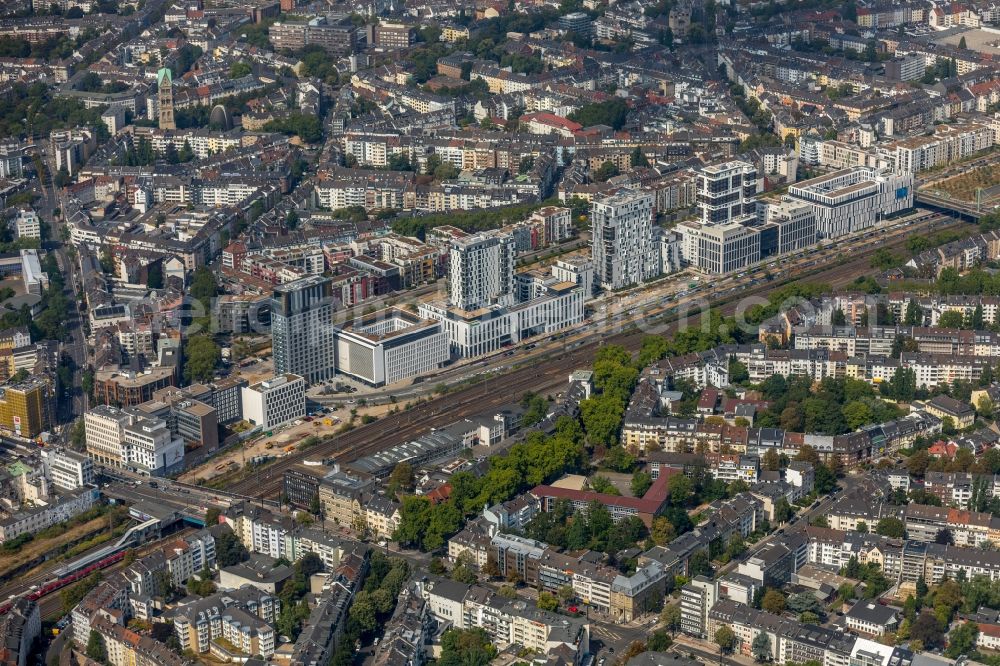 Düsseldorf from above - New construction high-rise construction site the hotel complex Toulouser Allee in Duesseldorf in the state North Rhine-Westphalia, Germany