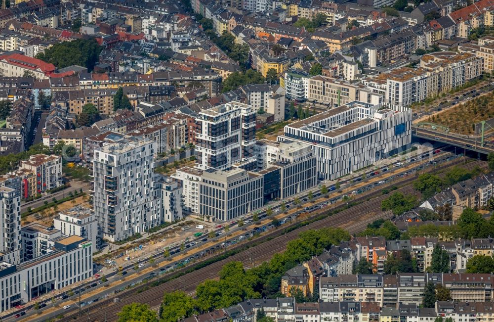 Düsseldorf from the bird's eye view: New construction high-rise construction site the hotel complex Toulouser Allee in Duesseldorf in the state North Rhine-Westphalia, Germany