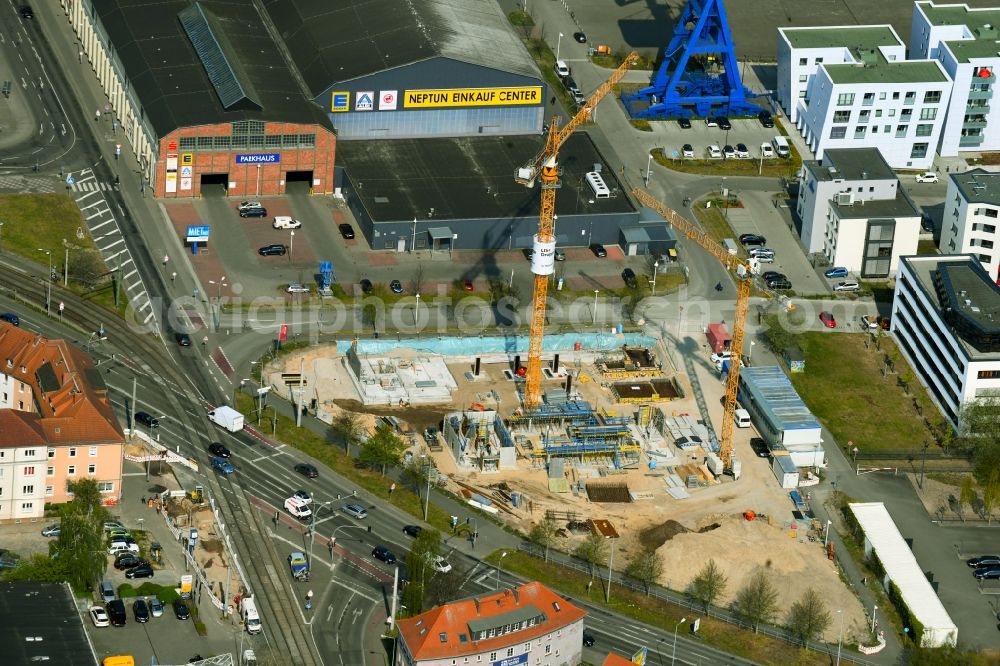 Rostock from above - New construction high-rise construction site the hotel complex on Konrad-Zuse-Strasse on Werftdreieck in the district Kroepeliner-Tor-Vorstadt in Rostock in the state Mecklenburg - Western Pomerania, Germany