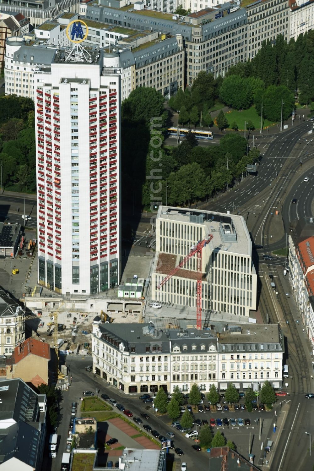 Leipzig from above - Site for New High-Rise building complex of the headquarters of the Leipziger Wohnungs- und Baugesellschaft (LWB) on Wintergartenhochhaus - skyscraper in Leipzig in Saxony