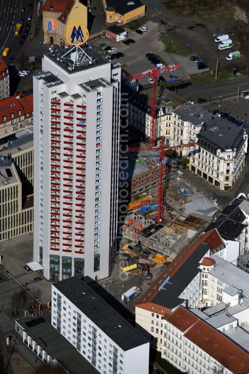 Aerial image Leipzig - Site for New High-Rise building complex of the headquarters of the Leipziger Wohnungs- und Baugesellschaft (LWB) on Wintergartenhochhaus - skyscraper in Leipzig in Saxony