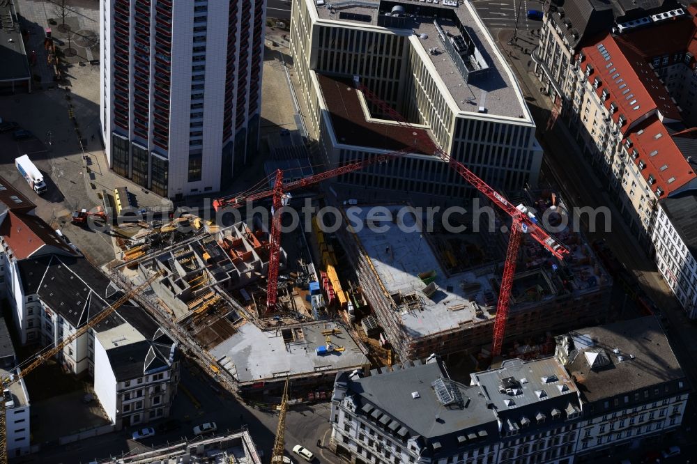 Aerial photograph Leipzig - Site for New High-Rise building complex of the headquarters of the Leipziger Wohnungs- und Baugesellschaft (LWB) on Wintergartenhochhaus - skyscraper in Leipzig in Saxony