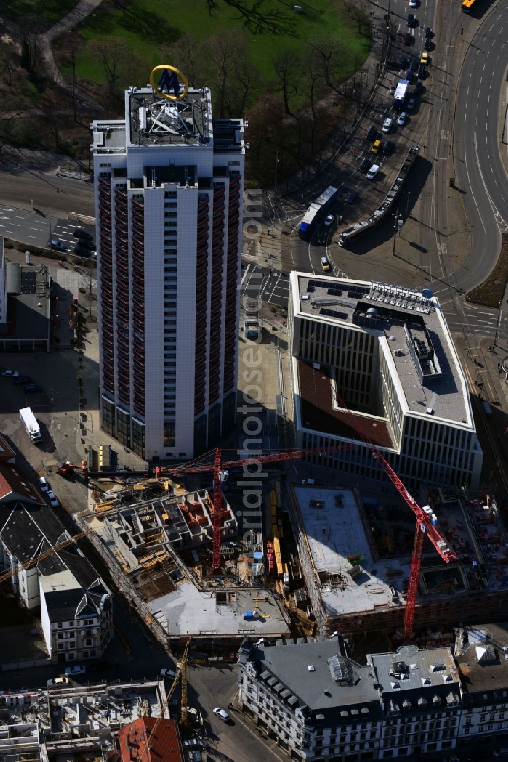 Leipzig from above - Site for New High-Rise building complex of the headquarters of the Leipziger Wohnungs- und Baugesellschaft (LWB) on Wintergartenhochhaus - skyscraper in Leipzig in Saxony