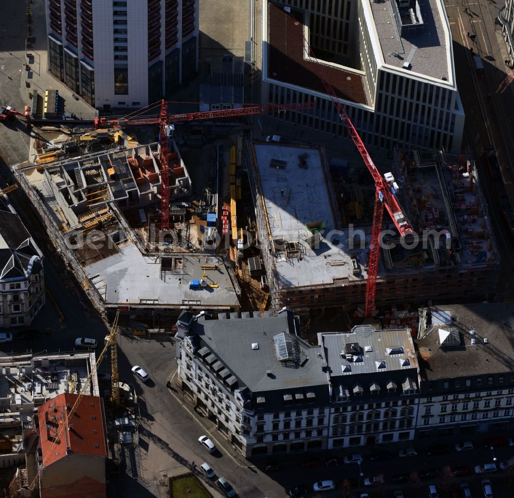 Leipzig from the bird's eye view: Site for New High-Rise building complex of the headquarters of the Leipziger Wohnungs- und Baugesellschaft (LWB) on Wintergartenhochhaus - skyscraper in Leipzig in Saxony