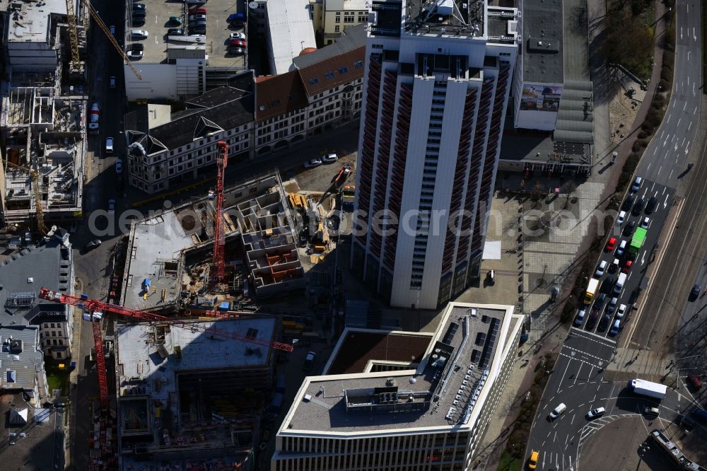 Aerial image Leipzig - Site for New High-Rise building complex of the headquarters of the Leipziger Wohnungs- und Baugesellschaft (LWB) on Wintergartenhochhaus - skyscraper in Leipzig in Saxony