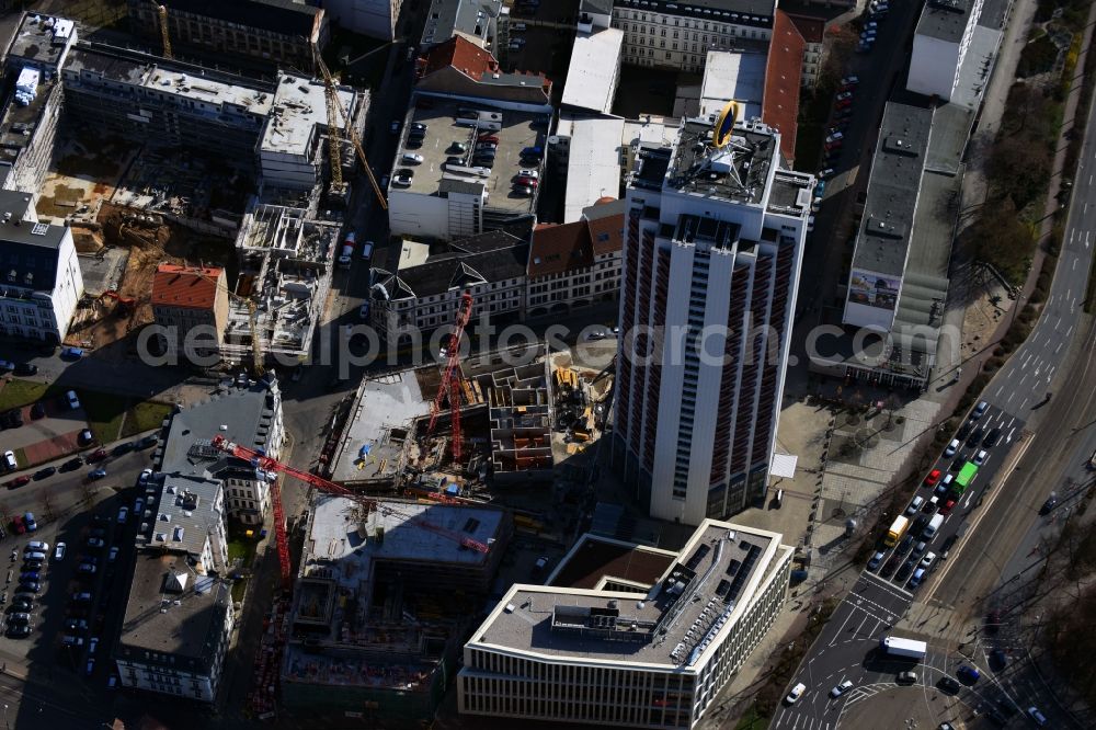 Aerial photograph Leipzig - Site for New High-Rise building complex of the headquarters of the Leipziger Wohnungs- und Baugesellschaft (LWB) on Wintergartenhochhaus - skyscraper in Leipzig in Saxony