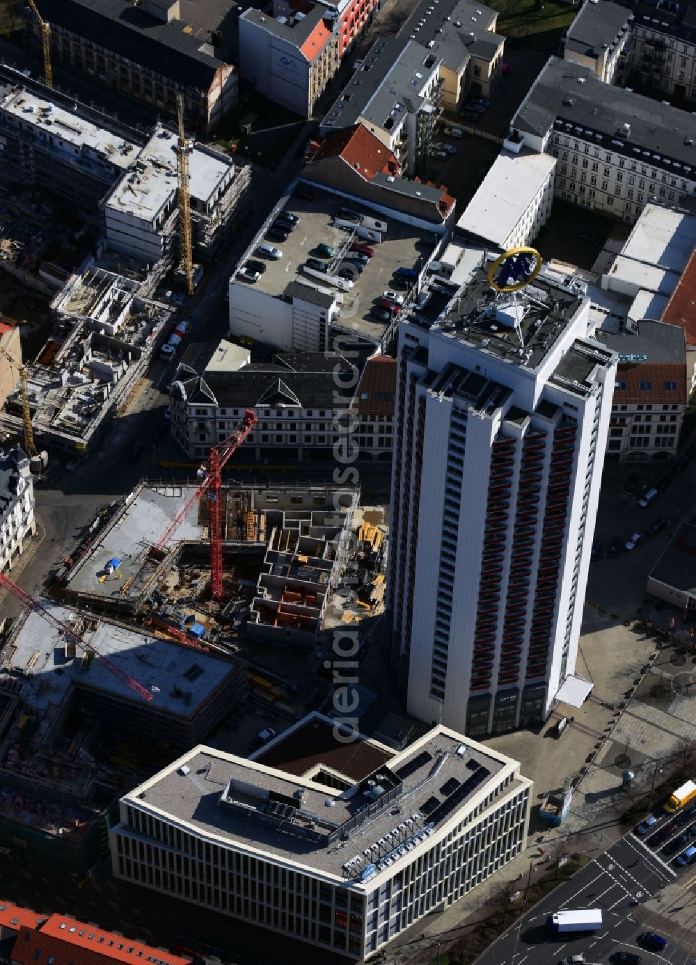 Leipzig from above - Site for New High-Rise building complex of the headquarters of the Leipziger Wohnungs- und Baugesellschaft (LWB) on Wintergartenhochhaus - skyscraper in Leipzig in Saxony