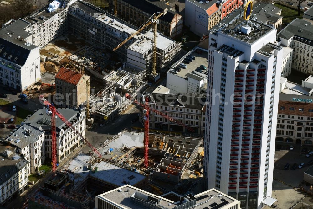 Leipzig from above - Site for New High-Rise building complex of the headquarters of the Leipziger Wohnungs- und Baugesellschaft (LWB) on Wintergartenhochhaus - skyscraper in Leipzig in Saxony