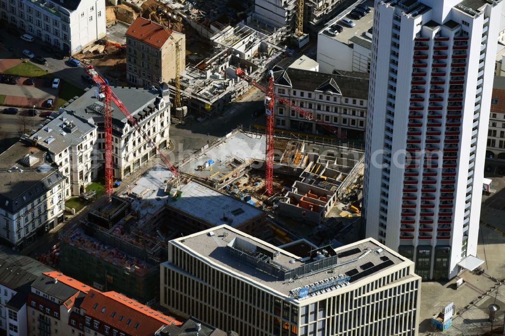 Aerial image Leipzig - Site for New High-Rise building complex of the headquarters of the Leipziger Wohnungs- und Baugesellschaft (LWB) on Wintergartenhochhaus - skyscraper in Leipzig in Saxony