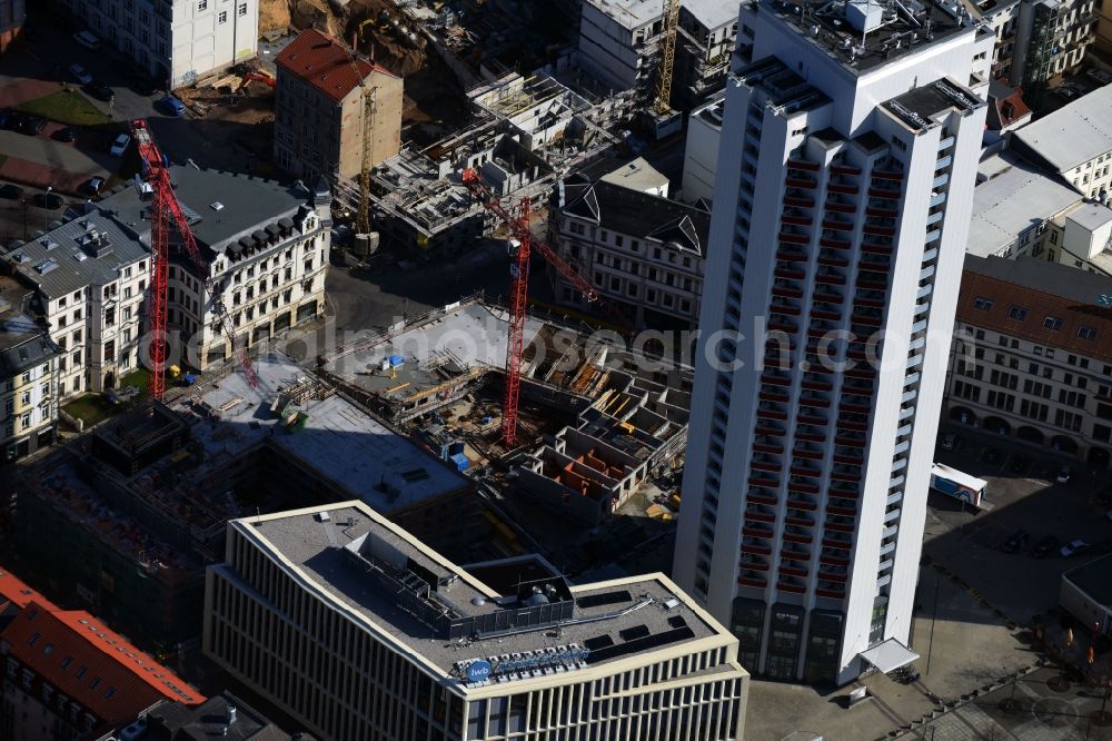 Aerial photograph Leipzig - Site for New High-Rise building complex of the headquarters of the Leipziger Wohnungs- und Baugesellschaft (LWB) on Wintergartenhochhaus - skyscraper in Leipzig in Saxony