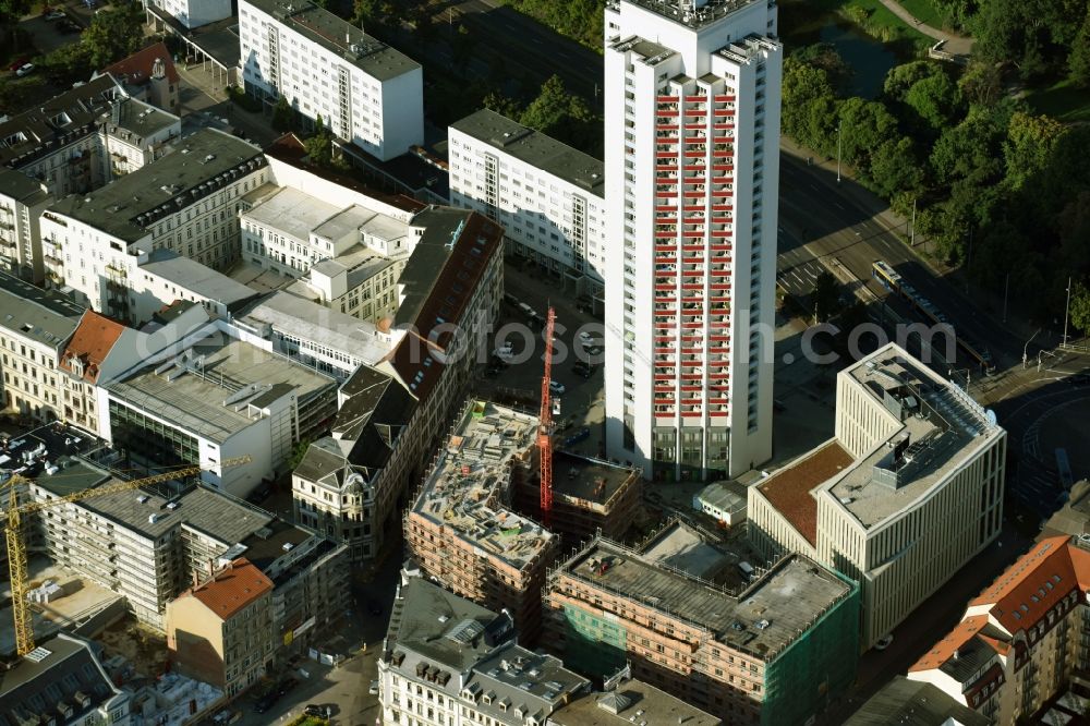 Aerial image Leipzig - Site for New High-Rise building complex of the headquarters of the Leipziger Wohnungs- und Baugesellschaft (LWB) on Wintergartenhochhaus - skyscraper in Leipzig in Saxony