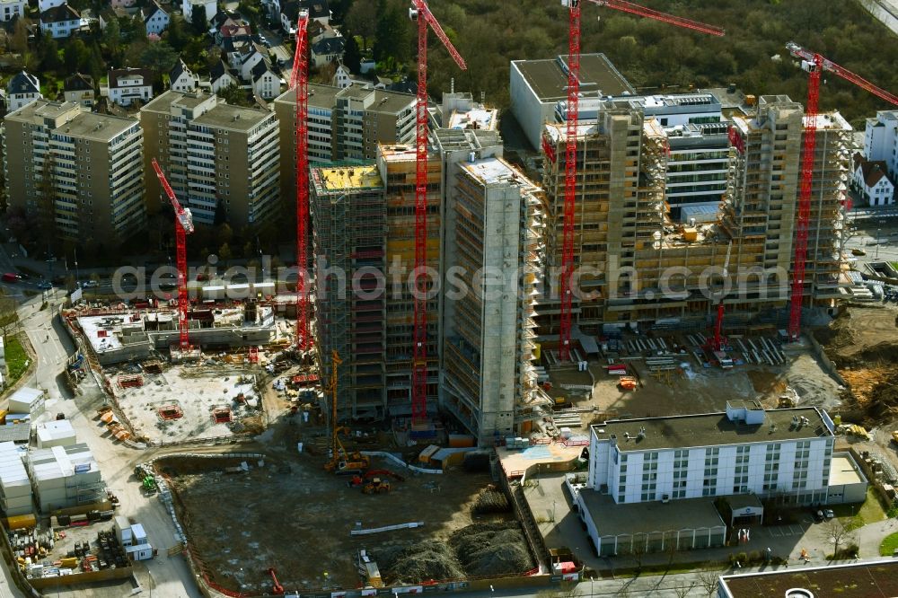 Offenbach am Main from above - Construction site for new high-rise building complex Stadtquartier Vitopia Kampus Kaiserlei in Offenbach am Main in the state Hesse, Germany