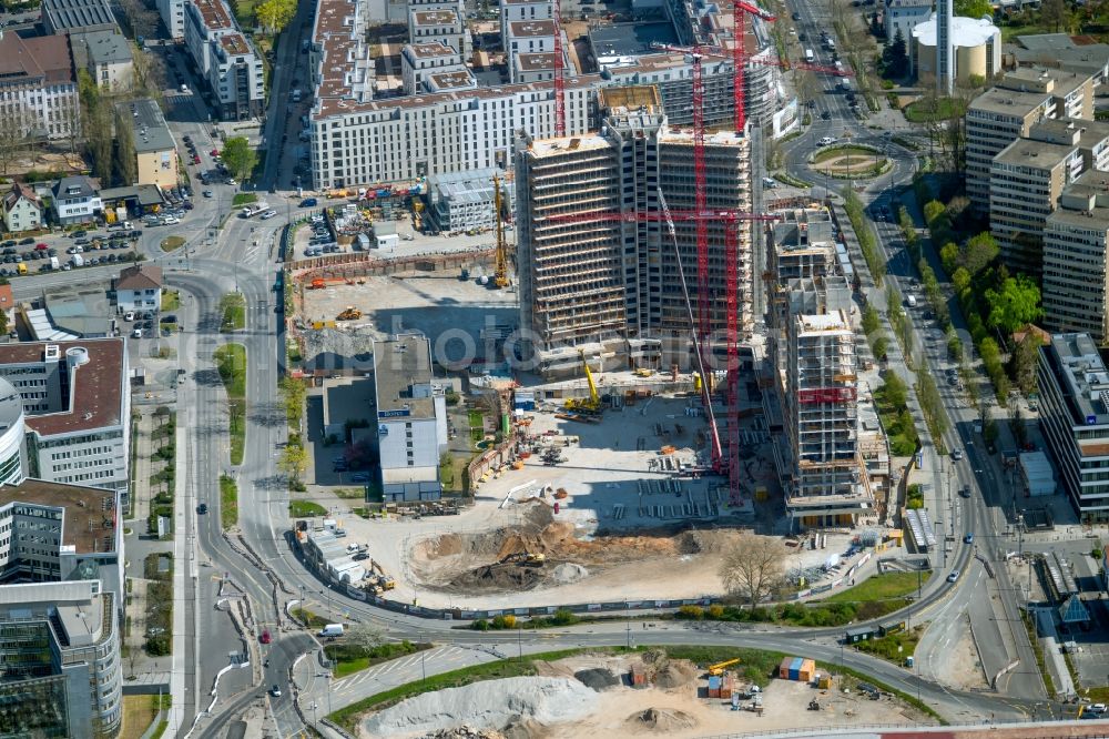 Offenbach am Main from the bird's eye view: Construction site for new high-rise building complex Stadtquartier Vitopia Kampus Kaiserlei in Offenbach am Main in the state Hesse, Germany