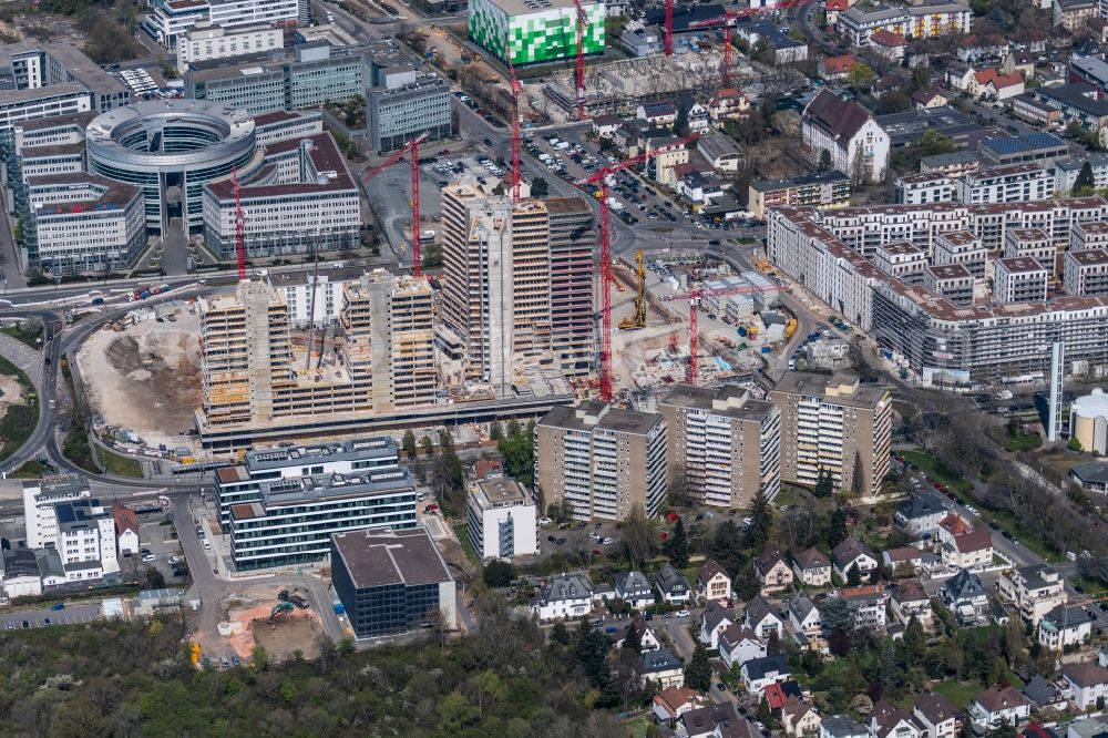 Offenbach am Main from above - Construction site for new high-rise building complex Stadtquartier Vitopia Kampus Kaiserlei in Offenbach am Main in the state Hesse, Germany