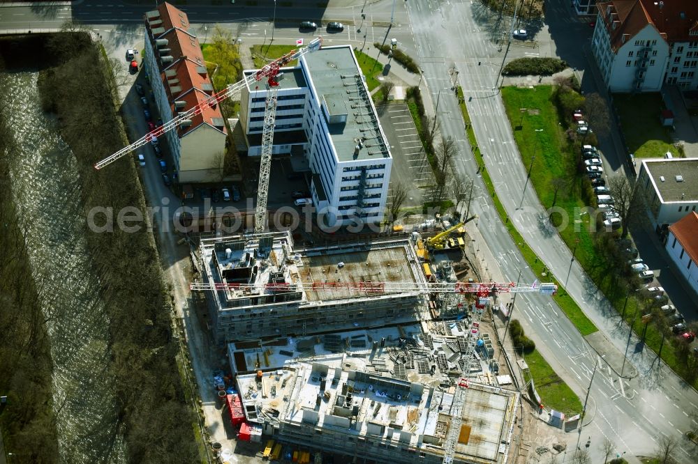 Erfurt from above - Construction site for the new high-rise complex Wir Quartier with two residential towers and a six-class city villa on Juri-Gagarin-Ring in the Old Town district in Erfurt in the state of Thuringia, Germany