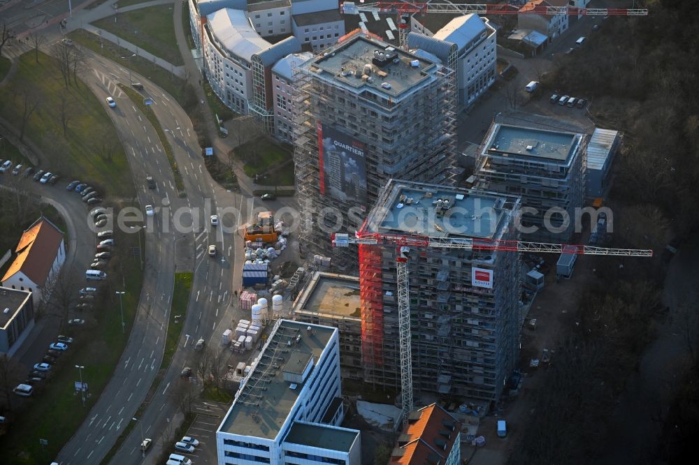 Erfurt from the bird's eye view: Construction site for the new high-rise complex Wir Quartier with two residential towers and a six-class city villa on Juri-Gagarin-Ring in the Old Town district in Erfurt in the state of Thuringia, Germany