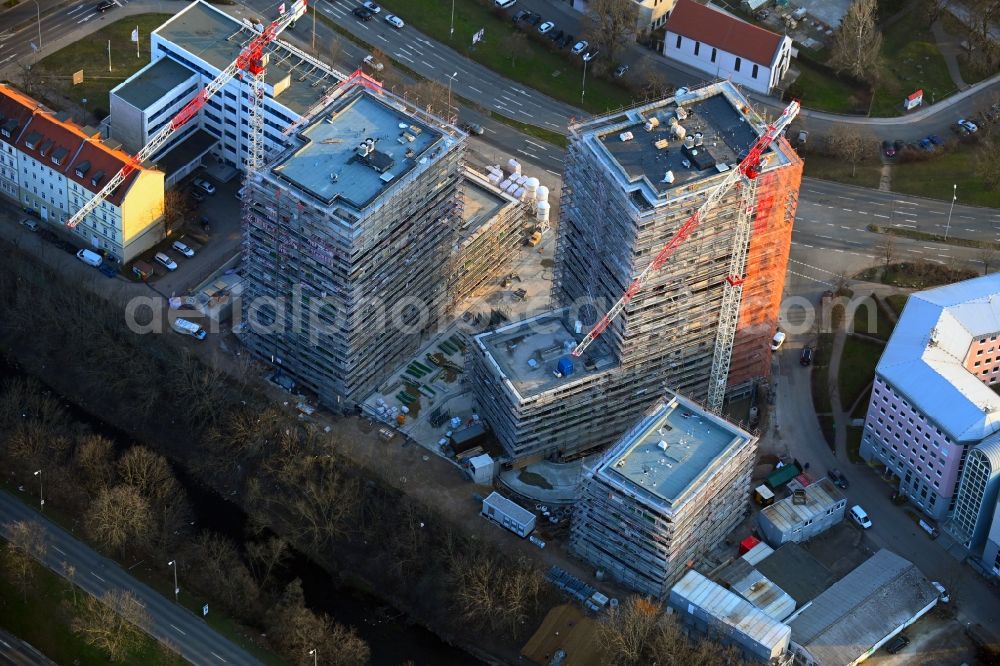 Aerial photograph Erfurt - Construction site for the new high-rise complex Wir Quartier with two residential towers and a six-class city villa on Juri-Gagarin-Ring in the Old Town district in Erfurt in the state of Thuringia, Germany