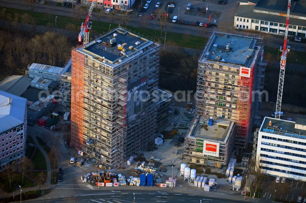 Aerial photograph Erfurt - Construction site for the new high-rise complex Wir Quartier with two residential towers and a six-class city villa on Juri-Gagarin-Ring in the Old Town district in Erfurt in the state of Thuringia, Germany