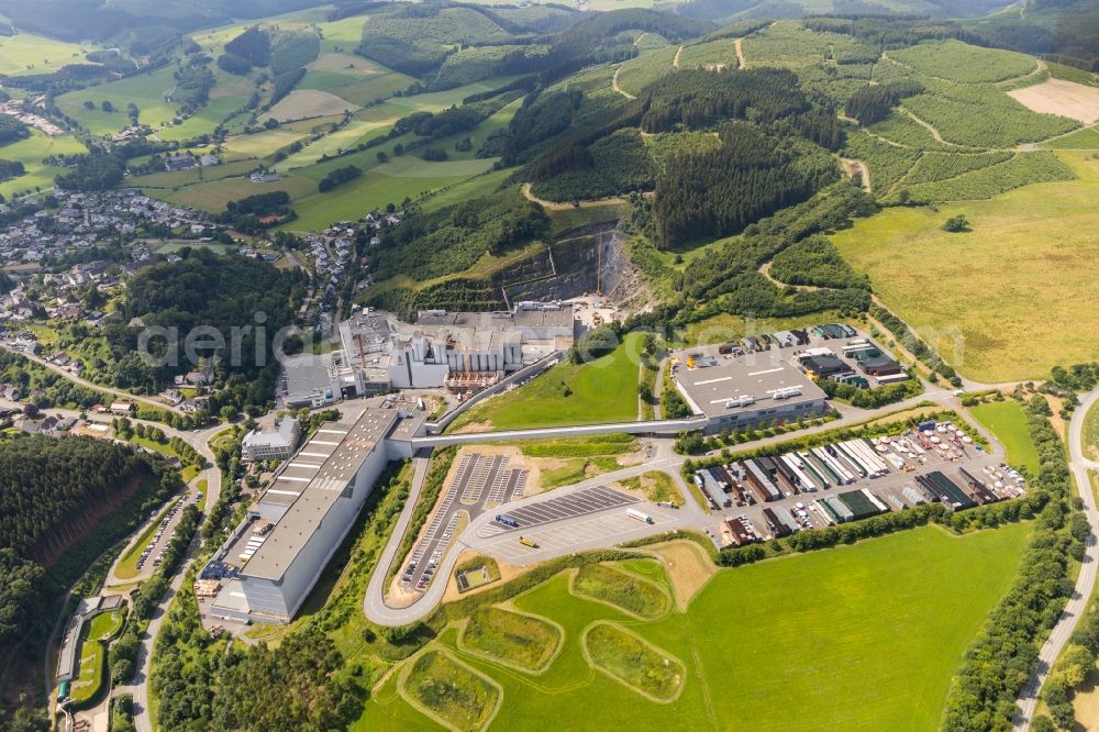 Aerial image Grevenstein - Construction site and assembly work for the construction of a high-bay warehouse building complex and logistics center on the premises of the brewery Brauerei C.& A. VELTINS GmbH & Co. KG An of Streue in Grevenstein in the state North Rhine-Westphalia, Germany