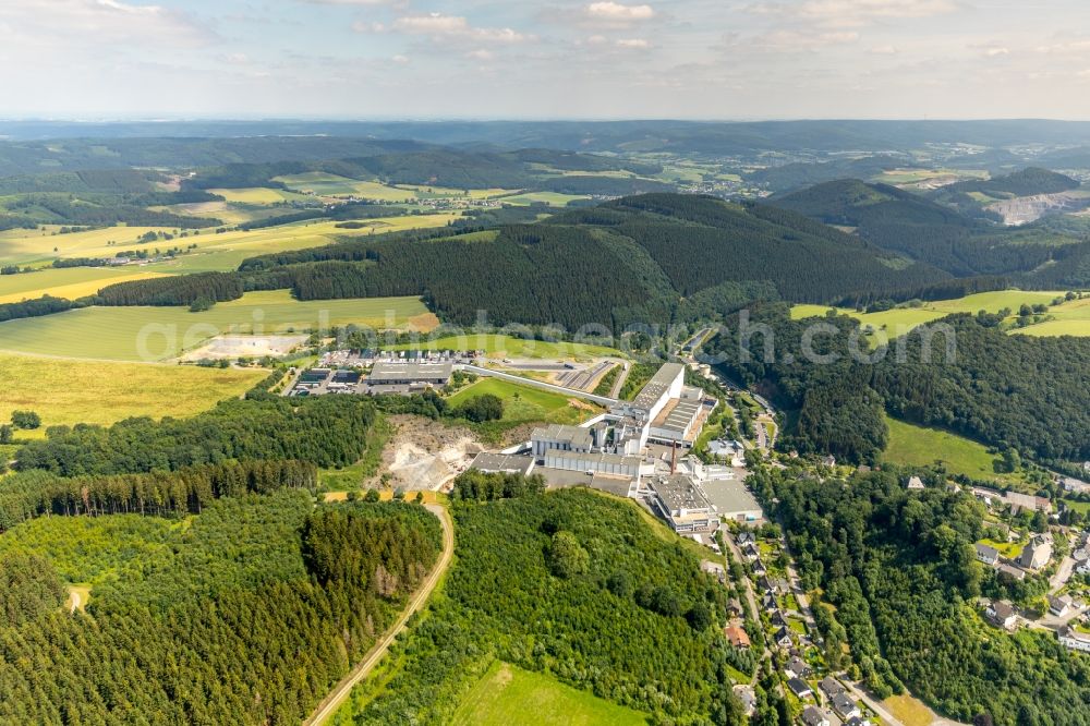 Aerial image Grevenstein - Construction site and assembly work for the construction of a high-bay warehouse building complex and logistics center on the premises of the brewery Brauerei C.& A. VELTINS GmbH & Co. KG An of Streue in Grevenstein in the state North Rhine-Westphalia, Germany