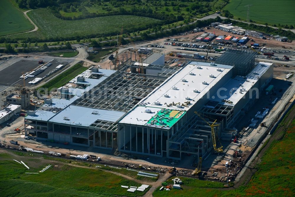 Aerial image Magdeburg - Construction site and assembly work for the construction of a high-bay warehouse building complex and logistics center on the premises on Burger Strasse in the district Gewerbegebiet Nord in Magdeburg in the state Saxony-Anhalt, Germany