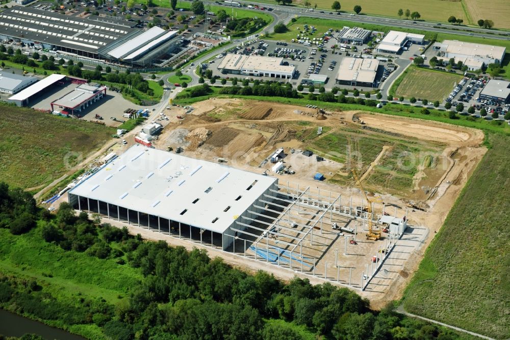 Wetzlar from above - Construction site and assembly work for the construction of a high-bay warehouse building complex and logistics center on the premises on Dillfeld in Wetzlar in the state Hesse, Germany