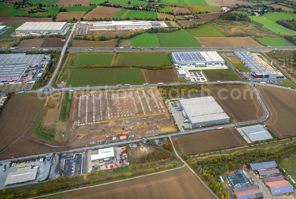 Aerial image Bönen - Construction site and assembly work for the construction of a high-bay warehouse building complex and logistics center on the premises Edison- and Siemensstrasse in the district Westerboenen in Boenen in the state North Rhine-Westphalia, Germany