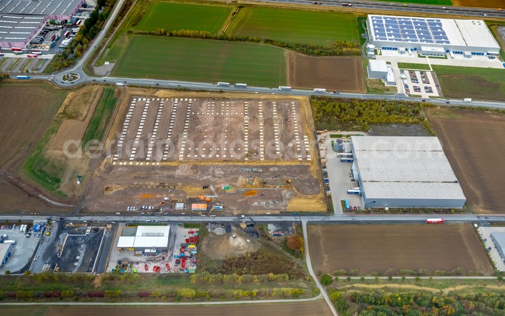 Aerial photograph Bönen - Construction site and assembly work for the construction of a high-bay warehouse building complex and logistics center on the premises Edison- and Siemensstrasse in the district Westerboenen in Boenen in the state North Rhine-Westphalia, Germany