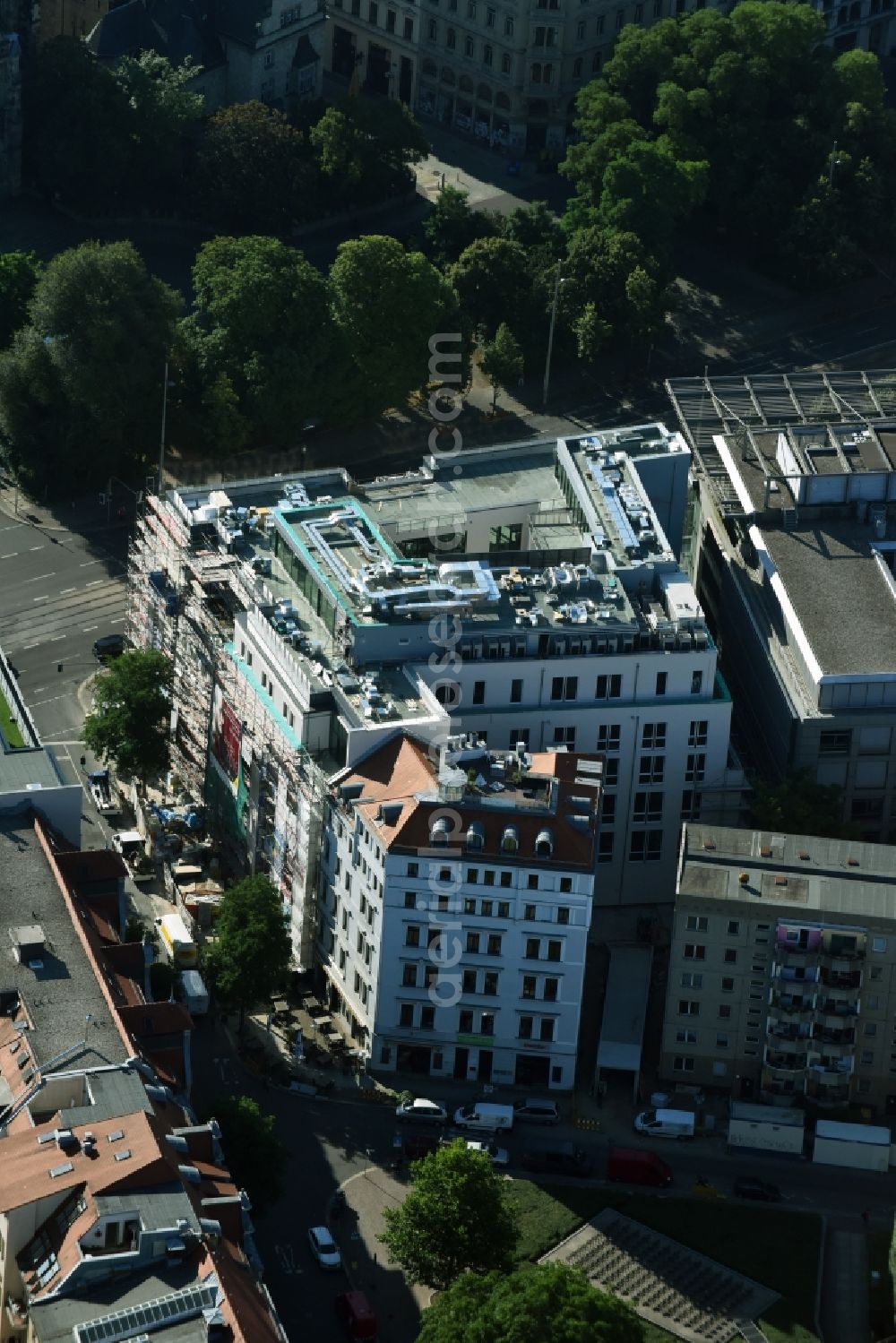 Aerial photograph Leipzig - New construction site the hotel complex formerly Kosmos-Haus on Dittrichring in Leipzig in the state Saxony