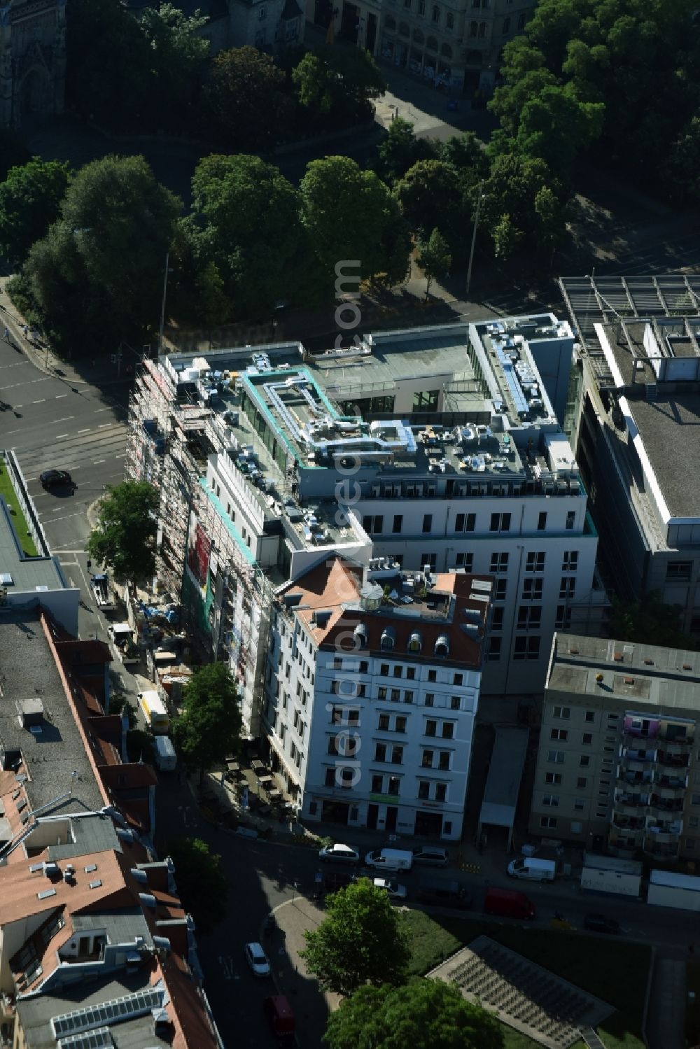 Leipzig from above - New construction site the hotel complex formerly Kosmos-Haus on Dittrichring in Leipzig in the state Saxony