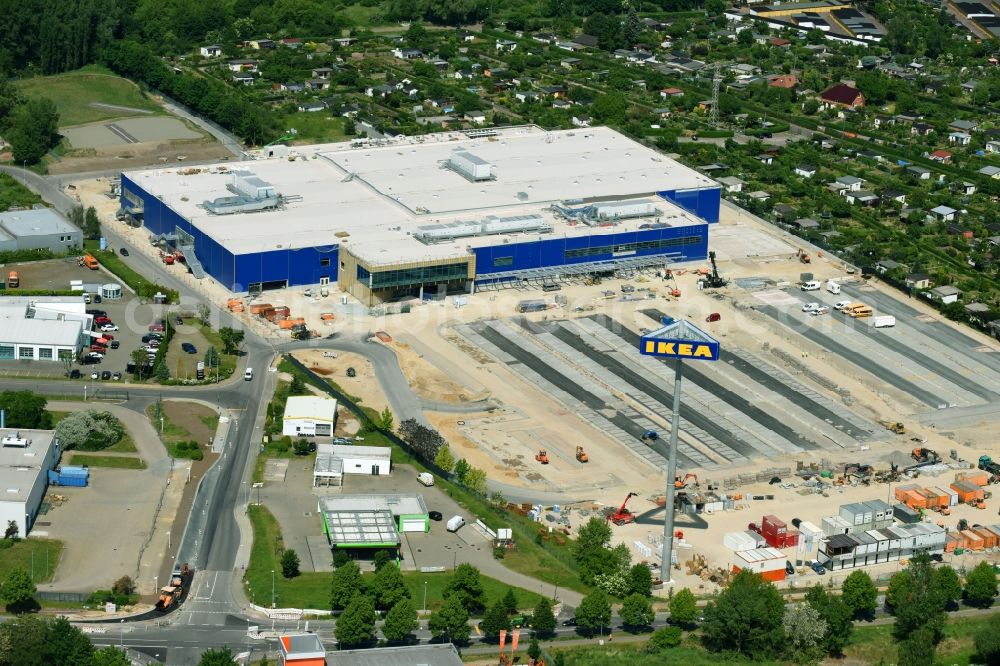 Magdeburg from the bird's eye view: Construction of an IKEA furniture store - Furniture Market in Magdeburg in the state Saxony-Anhalt